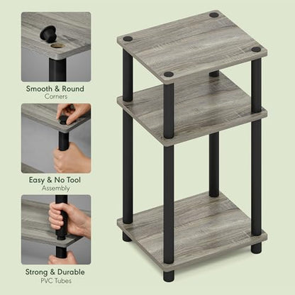 Furinno JUST Side Table, 3-Tier End Table, Open Shelves Night Stand, Bedside Table, Toolless Assembly, for Living Room, Bedroom, Bathroom, French Oak - color: French Oak Grey/Black, size: 3-Tier, Round Pole, style: 1-Pack