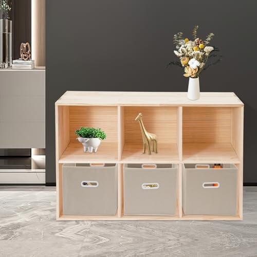 6 Cube Storage Organizer, Open Shelf Bookcase, Solid Wood Bookshelf with 3 Storage Bins, Vertical or Horizontal Book Shelf for Bedroom, Living Room, Office - size: 35.43*11.81*23.62in