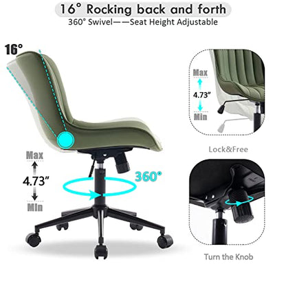 YOUNIKE Office Desk Chair with Wheels Armless Vanity Chair Modern Tan | Faux Leather Upholstered with Rocking Back, Swivel Height Adjustable Small Cute Computer Rolling Task Chair Ergonomic 300lb - color: Olive Green, size: Base Black