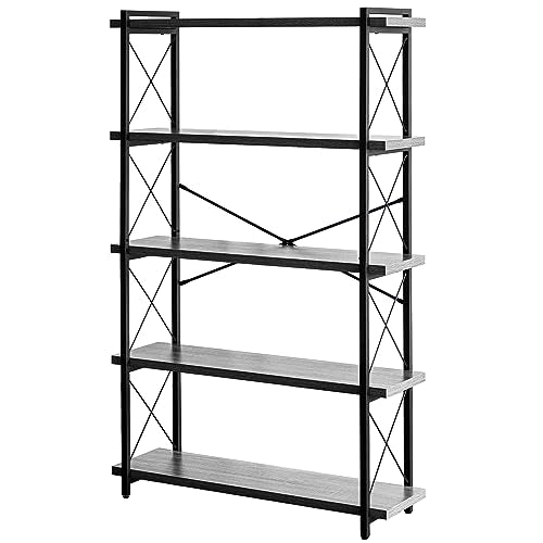HCHQHS Bookshelf, 5-Tier Industrial Bookcase, Rustic Open Book Shelf, Freestanding Tall Bookshelves with Metal Frame - color: Grey, size: 5-Tier (35.8"W x 65.7"H)