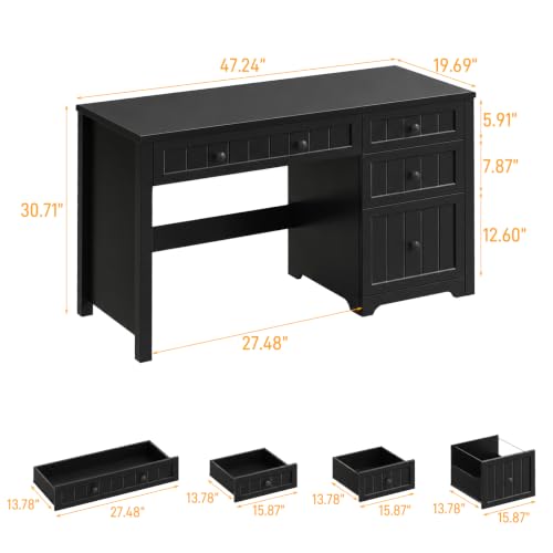Vabches Farmhouse Executive Desk with 4 Drawers, Home Office Desk with File Drawer, Wood Computer Desk with Storage, Rustic Office Desk for Work Study Writing, Pure Black - color: Pure Black