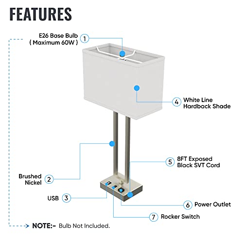 LEDMplace 28 Inch Bedside Table Lamp for Bedroom (USB Port, E26 Bulb Holder, Fabric Linen Shade, Bulb Not Included) | Bedside Table Lamp for Living Room Night Stand Desk Lamp Brushed Nickel Finish - size: 28 Inch (Rectangle Fabric Lamp)
