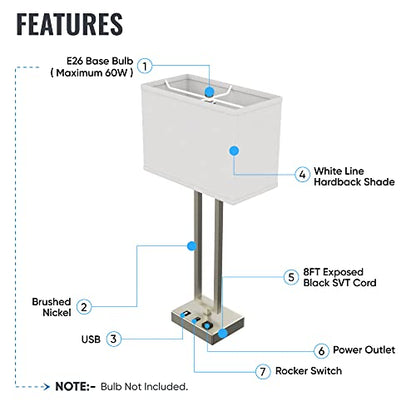 LEDMplace 28 Inch Bedside Table Lamp for Bedroom (USB Port, E26 Bulb Holder, Fabric Linen Shade, Bulb Not Included) | Bedside Table Lamp for Living Room Night Stand Desk Lamp Brushed Nickel Finish - size: 28 Inch (Rectangle Fabric Lamp)