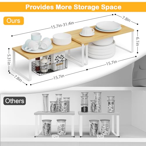 OGEMXU Cabinet Shelf Organizers, 15.7 inches Large Kitchen Counter Shelf, Set of 2 Wood Kitchen Pantry Organizer, Storage Shelves for Countertop, Spice Rack, Stackable, Expandable, Metal White, Nature - color: White and Natural Beige, size: 2pcs 7.8" D x