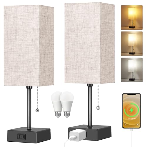 Table Lamp for Bedroom set of 2,3-Color Bedside Lamps with Pull Chain - color: Black+Cream, size: 15inch