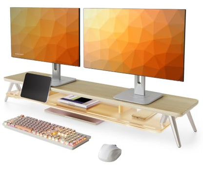 Fenge Dual Monitor Stand with 8-Mode LED Lights and Frosted Shelf, Oak | Sturdy Aluminum Legs, Built-In Phone & Tablet Slot, 2-Tier Storage, 42.5-Inch Desk Shelf for Gaming, Home Office & Streaming - color: Oak
