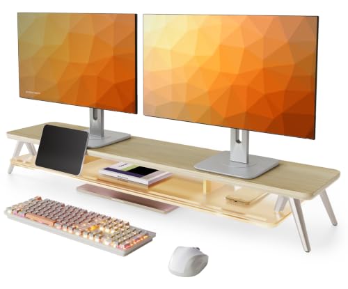 Fenge Dual Monitor Stand with 8-Mode LED Lights and Frosted Shelf, Oak | Sturdy Aluminum Legs, Built-In Phone & Tablet Slot, 2-Tier Storage, 42.5-Inch Desk Shelf for Gaming, Home Office & Streaming - color: Oak