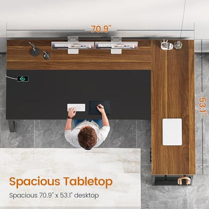 UPOSOJA 71" L Shaped Executive Desk, Office Desk with Storage Drawers - color: Walnut, size: 2 Drawers