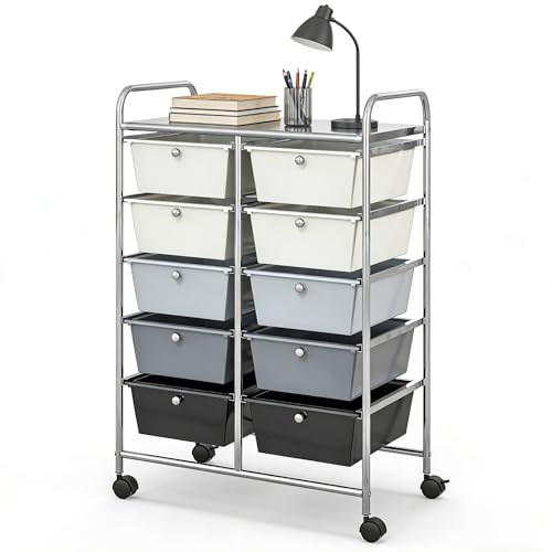 COSTWAY 10 Drawer Rolling Storage Cart, Utility Cart with Lockable Wheels | Mobile Art Supply Craft Organizer with Metal Frame, Multipurpose Drawer Cart for Paper for Office, School, Gray Gradient - color: Gray Gradient, size: 10 Drawer