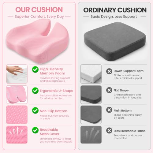 Seat Cushion, XL Large Memory Foam Cushion for /Office Chair/Car/Wheelchair - color: Pink