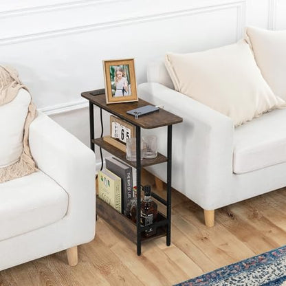 Narrow End Table with USB-C Charging Station, 3-Tier Slim Side Table | Modern Space-Saving Small End Table with Charging Station, Storage Shelves for Couch, Bedroom, Living Room, Small Spaces