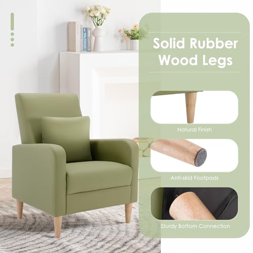 COLAMY Mid-Century Modern Accent Chair, Faux Leather Upholstered Living Room Chair with Back Pillow & Solid Wood Legs, Comfy Armchair for Living Room, Bedroom, Single Sofa, Light Green - color: Light Green, size: Set of 1