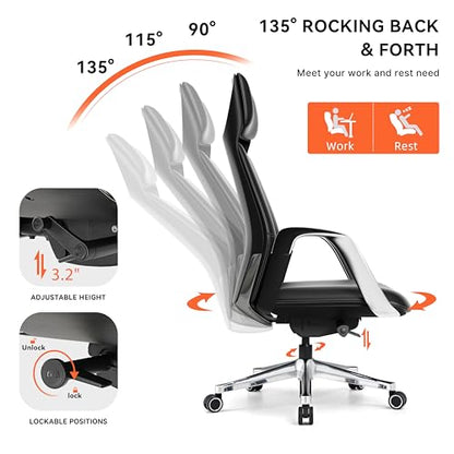 EUREKA ERGONOMIC Serene Executive Office Chair, Premium Nappa Leather High Back Boss Chair with Aluminum Base, Ergonomic Chair with Lumbar Support & Recline, Heavy Duty for Long-Hour Comfort, Black - color: Black