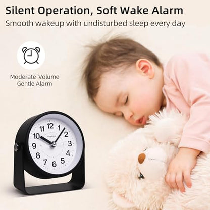 TIMESS Analog Alarm Clock with Snooze & Light, Silent Non-Ticking, Black | On-demand light, quartz movement, battery operated, easy to set, gentle wake alarm, bedside clock for home, travel, or office - color: Black