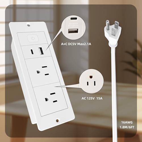 Embedded Power Strip with 2 AC,1 USB A/C Port, Recessed Power Outlet with 10W PD USB A,USB C Port, Flush Mount Desk Outlet with 6ft Cord