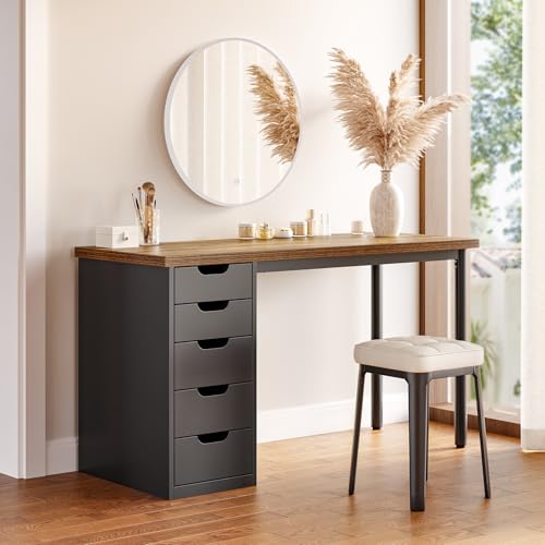 LITTLE TREE Computer Desk with 5 Drawers, 47 Inch Modern Simple Study Writing Desk with Metal Frame, Work Desk for Home Office, Rustic Brown and Black - color: Rustic Brown and Black