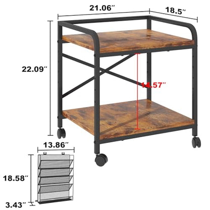 Large Printer Stand with Hanging File, Adjustable Height & Wheels - color: Rustic Brown, size: Large