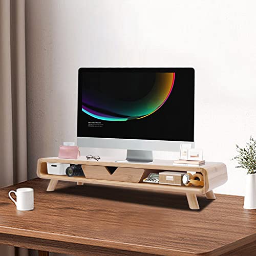 Bamboo Monitor Stand Riser with Drawer, 24 Inch No Assembly Required Desk Organizer, Ergonomic 4.5 Inch Height Wood Computer Stand for Laptop, Printer, Office Accessories