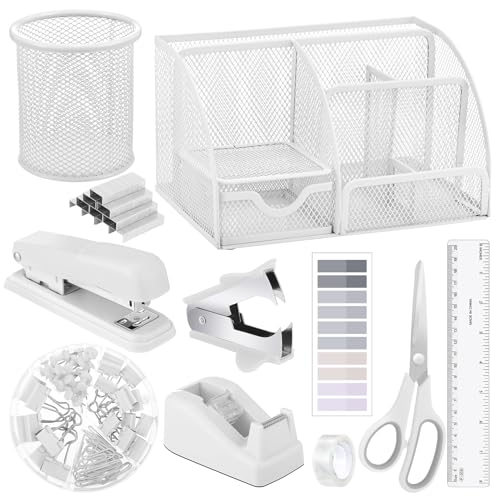 11 in 1 Desk Organizers and Accessories - White Office Supplies - Includes White Stapler, Tape Dispenser, Pen Holder, Staple Remover, Clips, Ruler, Scissors, Tapes, Tabs - color: White