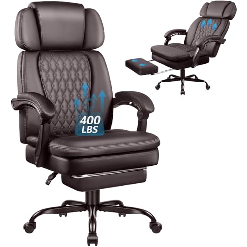 Office Desk Chair with Foot-Rest 400lbs, Heavy Duty Executive Office Chair, Comfy High Back Ergonomic PU Leather Reclining Desk Chair with Lumbar Support, Brown - color: Brown