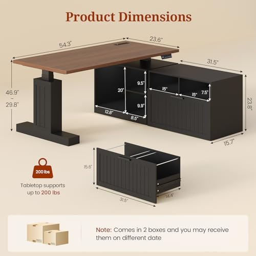 Farmhouse L Shaped Standing Desk with Lateral File Cabinet, 55.1" X 54.3" Electric Executive Desk Adjustable Height with Power Outlets, Shelves, Sit Stand Corner Computer Desk for Home Office, Black - color: Black+modular Cabinet