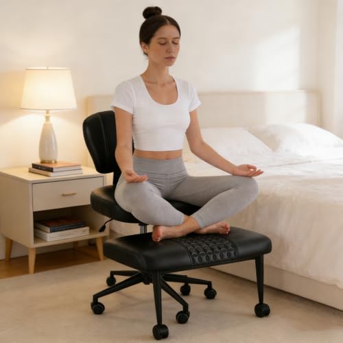 Ergonomic Cross Legged Office Chair with Footrest, 360° Swivel Height Adjustable PU Criss Cross Chair, Wide Seat & Back Support for Home Office, ADHD, Black - color: Black