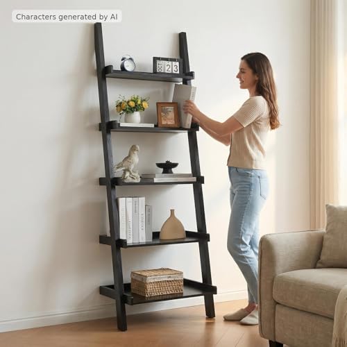 5 Tier Ladder Bookshelf, Black Leaning Bookcase for Home | Layered shelves with raised side lips help style books, plants, baskets, and decor in living rooms, bedrooms, or offices.