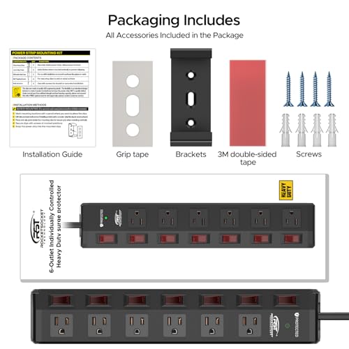 CRST 6-Outlet Metal Power Strip with Individual Switches, 15A/1875W, 10FT - color: Black, size: 10FT