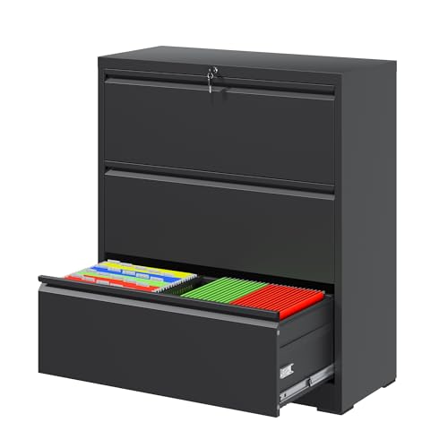 3 Drawer File Cabinet with Lock, Metal Lateral Filing Cabinets - color: Black, size: 3 Drawer_ 26"W
