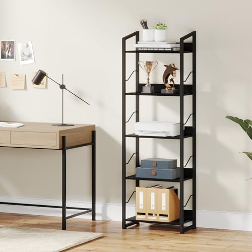 Hosfais 5 Tier Tall Bookshelf: Industrial Wood Book Shelf with Edge Protection Metal Narrow Bookshelf Bookcase Storage Organizer Display Rack for Living Room Home Office (Black) - color: Black