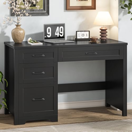 Vabches Home Office Desk with 3 Storage Drawers, Black. | Farmhouse 47" Wood Computer Desk with File Drawer, Workstation for Home Office, Writing, Study - color: Pure Black, size: Without Charging Station