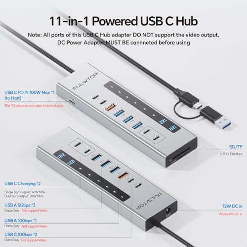 Powered USB C Hub 11-in-1 USB Hub with 2 * 24/45W Type-C PD Charging Ports | PULWTOP USB Powered Hub with SD/TF, 2*USB-C 10Gbps, 4*USB-A 5/10Gbps (72W DC Adapter Included) Not Support Video