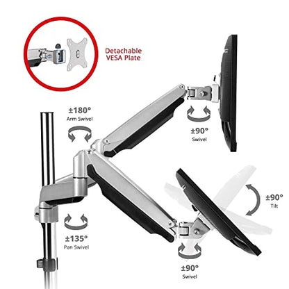 SIIG Dual Monitor Gas Spring Desk Mount W/USB Port | Mount two monitors on a desk from 13"-32" up to 19.8 lbs each; gas-spring adjustment and C-clamp confirm desk fit.
