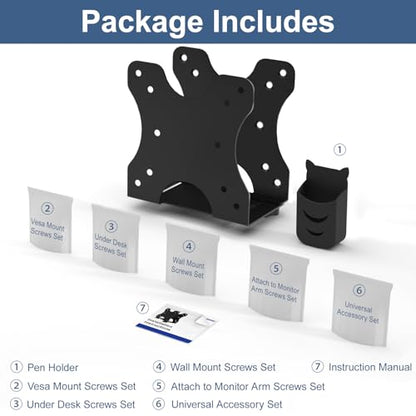 Adjustable Thin Client Mini PC Mount Bracket, Mini PC Vesa Mount, Under Desk Mount, Wall Mount and Attached to Monitor Arm Mount for NUC, Dell, HP, Mac mini, Cable Boxes, Wi-Fi Routers and Small CPUs