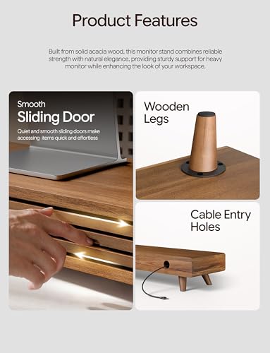 Tinamo 24" Wood Monitor Stand Riser with Sliding Door and Cable Management