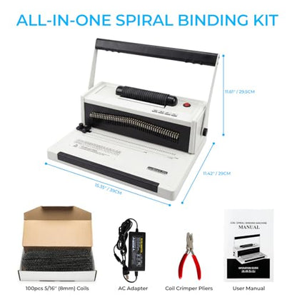 Spiral Binding Machine with Electric Coil Inserter, 20-Sheet Punch | 4:1 Pitch, 46 Fully Disengageable Pins, Binds up to 500 Sheets, 100 Coils, Crimping Pliers, Letter A4 A5 Legal