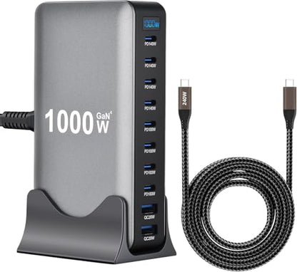 Famous Tech Shop 1000W GaN 10-Port USB-C Charging Station with 240W Cable, Fast Desktop Charger for Laptops, Tablets, Phones, Gaming Consoles