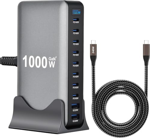 Famous Tech Shop 1000W GaN 10-Port USB-C Charging Station with 240W Cable, Fast Desktop Charger for Laptops, Tablets, Phones, Gaming Consoles