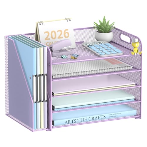 5-Tier Desk Organizer with File Holder, Paper Organizer for Desk, Purple | 5 Letter Trays and Vertical File Holder with Metal Mesh Frame for Papers Folders Books and Mail in Office Home or School - color: Purple