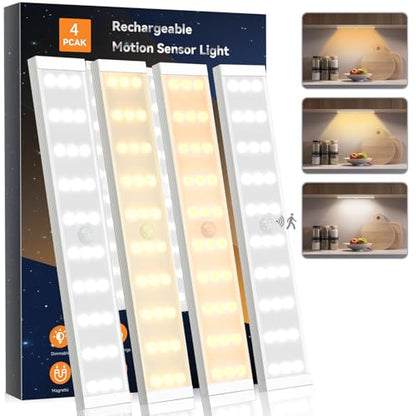 4 Pack Under Cabinet Lights, Rechargeable Motion Sensor Light Indoor Magnetic Closet Lights, Under Counter Lights for Kitchen, Wardrobe, Hallway, Stairs - size: 8.4inch-4Pack