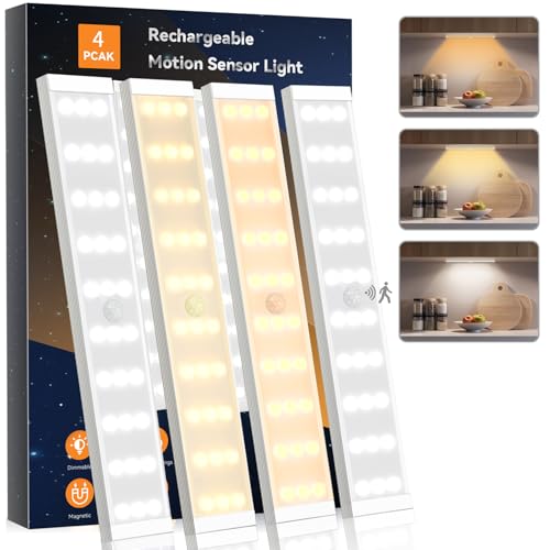 4 Pack Under Cabinet Lights, Rechargeable Motion Sensor Light Indoor Magnetic Closet Lights, Under Counter Lights for Kitchen, Wardrobe, Hallway, Stairs - size: 8.4inch-4Pack