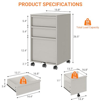 Garvee Rolling File Cabinet with 3 Drawers, Wood Mobile Filing Cabinet for Home Office, Under Desk Printer Stand with Wheels, Large File Drawer, 2 Locking Casters, White - color: White