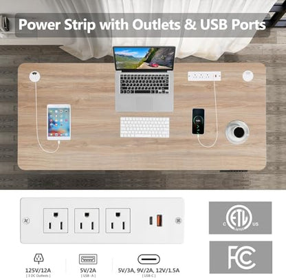 71'' × 28'' Electric Standing Desk with Power Outlets & Wheels, Oak - color: Oak, size: 71×28''