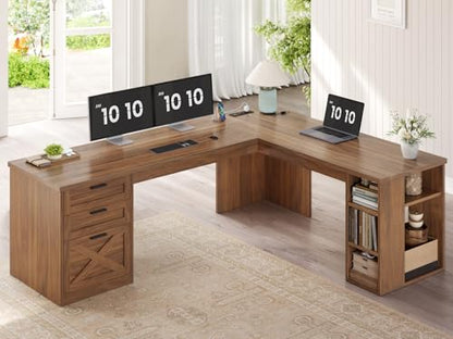 SEDETA 67" Farmhouse L Shaped Desk with 3 Drawers, Executive Home Office Desks with Storage Shelves, Corner Computer Desk with Power Outlets for Home Office, Brown | Executive Home Office Desks with Storage Shelves, Corner Computer Desk with Power Outlets