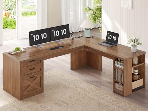 SEDETA 67" Farmhouse L Shaped Desk with 3 Drawers, Executive Home Office Desks with Storage Shelves, Corner Computer Desk with Power Outlets for Home Office, Brown | Executive Home Office Desks with Storage Shelves, Corner Computer Desk with Power Outlets
