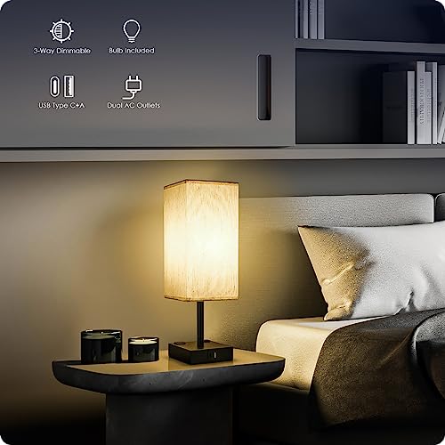Bedside Table Lamp for Bedroom - Touch Small Lamp with USB C+A Charging Ports & AC Outlets, 3 Way Dimmable Nightstand Light for Living Room (LED Bulb Included, Flaxen) - color: Flaxen