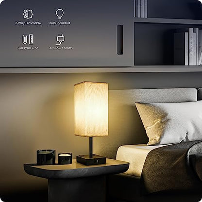 Bedside Table Lamp for Bedroom - Touch Small Lamp with USB C+A Charging Ports & AC Outlets, 3 Way Dimmable Nightstand Light for Living Room (LED Bulb Included, Flaxen) - color: Flaxen