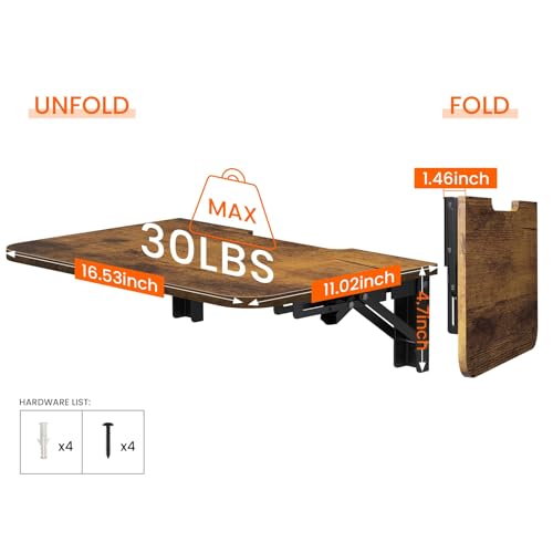 Projector Shelf for Wall, Foldable Floating TV Shelf, Rustic Brown | Wall Mount DVD Shelf with Heavy-Duty Brackets Under TV for Cable Box, Games Console, 16.5 x 11 Inches - color: Rustic Brown