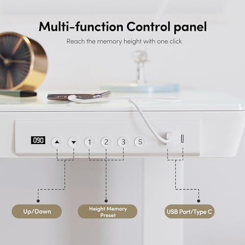 BANTI Electric Standing Desk with Drawers, 55 inch Whole-Piece Glass Desktop, Height Adjustable Stand up Sit Stand Home Office Ergonomic Workstation, White Tabletop - color: White, size: 55 Inch