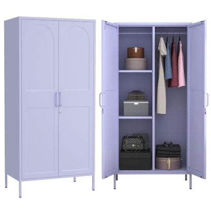 Metal Wardrobe with Lock, 67"Clothing Steel Storage Cabinet Locker, Hanging Rod And Adjustable Shelves, Puple 2 Doors Household kids wardrobe closet Lockers for Bedroom Cloak Room Home Office Gym - color: Purple, style: 67"H-Wardrobe-DY